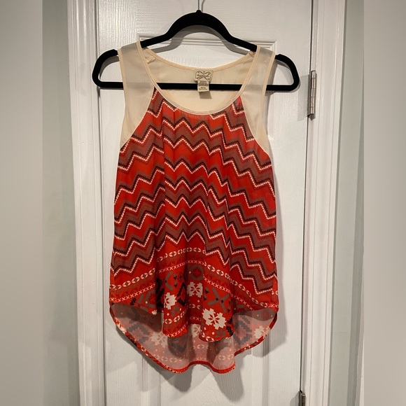 Eyelash Couture Size M Sheer Racerback Red Cream Western Aztec Print Tank Top - Picture 1 of 10
